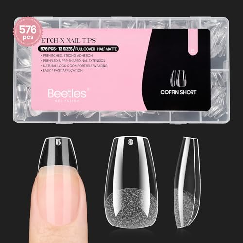 Image of Beetles Gel Nail Tips Short Coffin 576 PCS Half Matte Pre-Shape Fake Nails 12 Sizes Full Cover Acrylic False Nails Extension DIY Manicure Gifts for Women