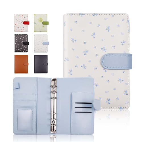 A6 Binder 6 Ring Refillable Notebook Planner Cover Small Leather Organizer Empty Binder for Budget Journal Photocard Holder Recipe Book Aesthetic Loose Leaf with Magnetic Buckle(floral blue a6)