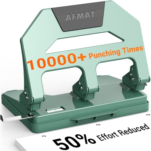 Image of AFMAT Heavy Duty 3 Hole Puncher, 40-Sheet Three Hole Punch Heavy Duty, 50% Reduced Effort Paper Punch, 10K+ Uses, Metal Hole Puncher 3 Ring w /Large Tray, Bulit-in S.S. Paper Guide HPX2(Green)