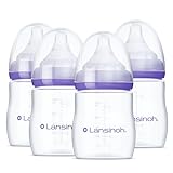 Lansinoh Anti-Colic Baby Bottles for Breastfeeding Babies, 5 Ounces, 4 Count, Includes 4 Extra Slow Flow Nipples, Size XS