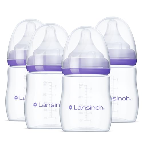 Lansinoh Anti-Colic Baby Bottles for Breastfeeding Babies, 5 Ounces, 4 Count, Includes 4 Extra Slow Flow Nipples, Size XS