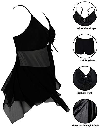 Temptme Womens Black Mesh Flowy Tankini Floral Swimdress Two Piece Swimsuits Swim Dress with Boyshort