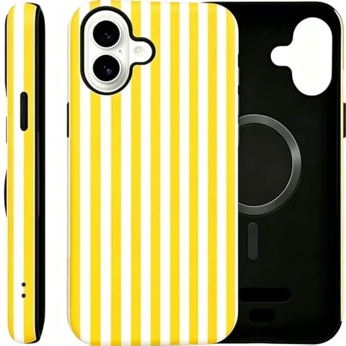 Image of for iPhone 16 Case Cute Phone Case,Compatible with MagSafe,Dual Layer Shockproof Protective Phone Cover,Hard Shell + Silicone Cover,Fashion Design for Women Girls,Striped Yellow