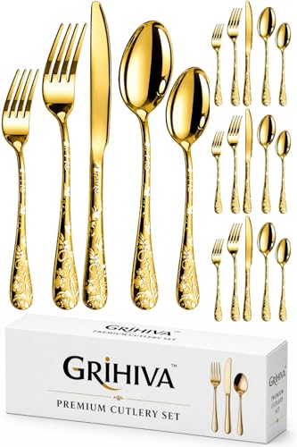 Image of 20 Pcs Gold Floaral Stainless Steel Cutlery Set for Dining Table with Spoons and Forks Set + Butterknives - The Perfect Tableware /Flatware