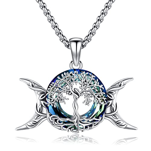 Witchy Jewelry For Women Triple Moon Goddess Necklace Blue Crystal Pendant Tree Of Life Necklace Protection Wiccan Jewelry Pagan Amulet Witch Jewelry Witchcraft Female Spiritual Talisman Viking Norse Earth Goddess Greek Irish #TOP15