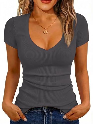 Image of Albe Rita Women Short Sleeve T-Shirt Cap V Neck Shirts for Women Ribbed Casual Top Knit Slim Fit for Summer