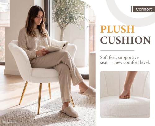 Ya-Home Sessel Wohnzimmer aus Teddystoff, Schminktischstuhl mit Goldfuß Gepolsterter Blumenform Loungesessel Relaxsessel für Wohn/Schlafzimmer, Weiß