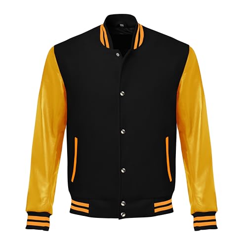 Image of Red And Black Letterman Jacket Men - Mens Black Varsity Letterman High School Baseball Bomber Jacket