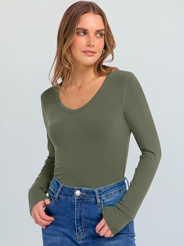 Image of ANRABESS Long Sleeve V Neck Shirts for Women | Soft Comfy Ribbed Knit Fitted Tshirts, Casual Going Out Tops, 2026 Trendy Basic, Fall Winter Underscrub Layering Clothes
