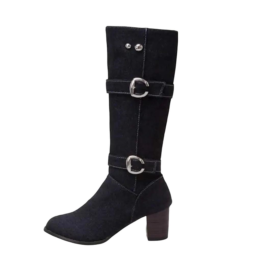 Womens Big Size Western Cowboy Booties Square Heels Zipper Buckle Fabric Mid-Calf Pointed Toe Boots