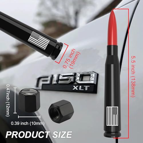 Image of Car Truck Bullet Antenna with Tire Valve Caps American Flag Universal Short Replacement for GMC Sierra Chevy Silverado Dodge Ram 1500 2500 3500 Ford F150 F250 F350 Super Duty Raptor Accessories, Red