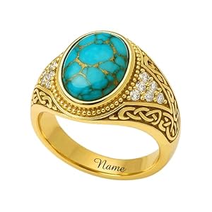 14K Gold 2.0 Ct Turquoise Signet Ring for Men 10K/14K/18K Real Yellow Gold Oval Cut Turquoise Mens Ring with Moissanite Accent for Him Dad Father Grandpa Godfather Birthday Fathers Day