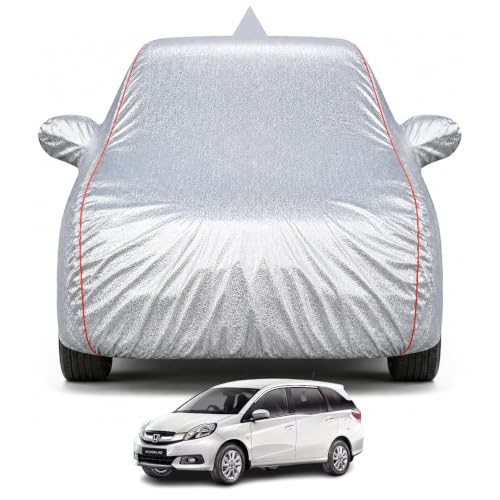 Image of Premium Car Cover for Mobilio Model | Waterproof, UV & Dust Protection | Mirror & Antenna Pocket | Triple Stitched, Soft Inner Lining, Belt & Buckle (Metalic Silver)
