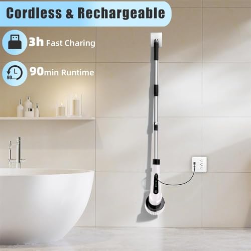 Image of Premium 9 in 1 Electric Spin Scrubber | Cleaning Brush Scrubber for Home | Full Body Waterproof Cordless | Adjustable & Detachable Handle | Bathroom, Tub, Tile, Floor, Car