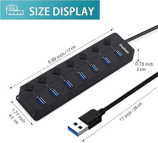 Image of 7-Port USB 3.0 with Switches | USB Power Hub & Multi-Device High Speed Charging Station | LED Indicators | 1FT Cable for PC, Laptop, Mac, Printer