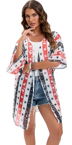 Image of DDSOL Women's American Flag Kimono Cover up Beachwear Cardigan Loose Tops Shirt Blouse