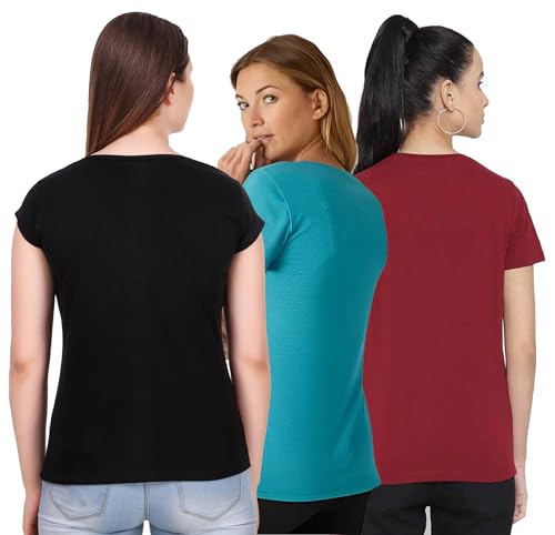 Image of MODISH women's round neck cap sleeve printed cotton t-shirts combo of 3 t-shirts