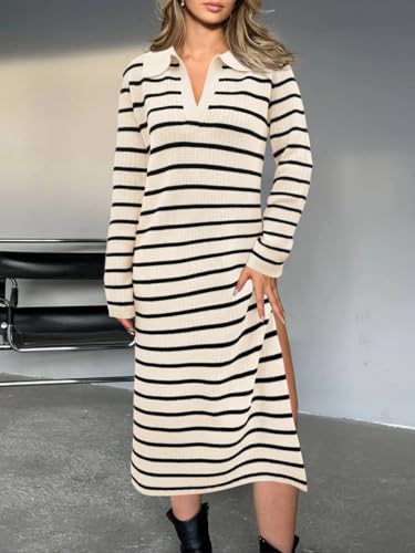 Saodimallsu Womens Striped Sweater Dress Fall Chunky Knit V Neck Collared Long Sleeve Sexy Slit Loose Midi Dresses2