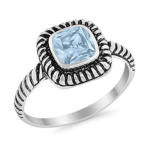 Blue Apple Co. Simulated Aquamarine Cubic Zirconia Size-7 Cable Shank Design Bezel Set Princess Cut Wedding Ring Round Simulated Cubic Zirconia 925 Sterling Silver