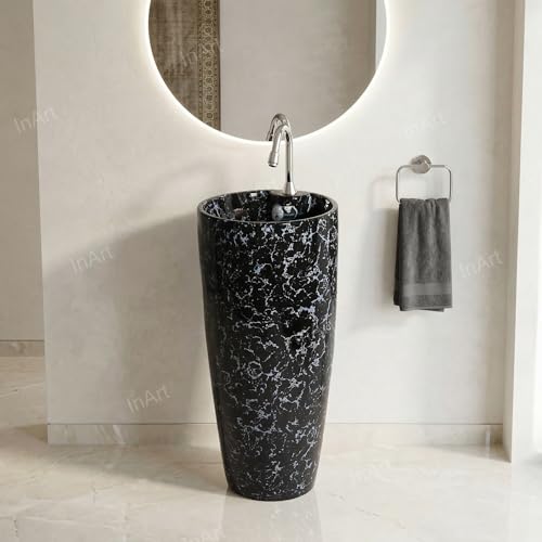 Image of InArt Ceramic Pedestal Wash Basin, Black Marble, 38x38 CM, Glaze Coated Easy Clean, Contemporary Free Standing Design for Modern Bathrooms, Kitchens, Living Rooms (Black Marble)