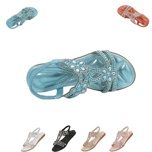 Sandal Women's Sandals Glitter Shoes Women's Summer Elegant Flat Rhinestone Sandals Outdoor Beach Open Toe T Bar Sling Back Elastic