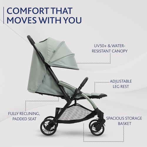 Image of Chicco Goody XPlus Stroller | One-Touch Self-Fold | Padded Seat & Shock-Absorber Wheels | 4 Recline Positions | Adjustable Backrest | Birth to 4 Years | UV50+ Extendable Canopy | Sage Green