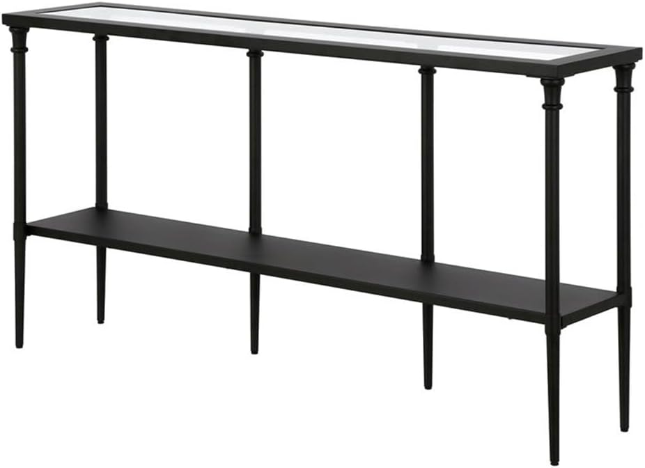 BOWERY HILL Contemporary Metal/Glass Console Table, 55 x 12 x 30 in, Blackened Bronze Finish, Tempered Glass Top, Solid Metal Shelf, Streamlined Two-Tier Design for Entryway or Living Room