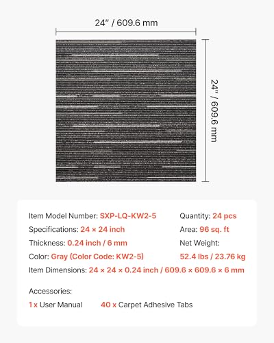 Image of VEVOR Carpet Tiles Reusable 24x24 inch, 24 PCS Modular Carpet Square Rug, Commercial Floor Soft Padded for Seamless Cover 96sq.ft, Easy DIY Replacement for Living Room Bedroom Office Indoor,Gray