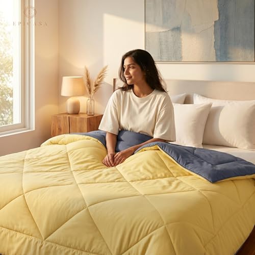 Image of Epicasa Reversible Comforter | 200 GSM Thermal Bonded Fill | 110 GSM Micro Peach Fabric | All Season AC Quilt | Diamond Quilted | Lightweight Duvet Blanket for Home Bedroom | Cool Grey & Butter Yellow