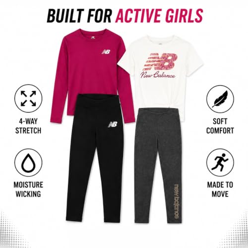 Image of New Balance Active Girls Legging Set - 4 Piece Athletic Short Sleeve Shirt, Long Sleeve Shirt & Activewear Girls Leggings Set