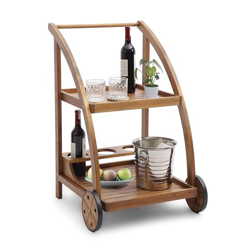 VICTORY RELAX Acacia Wood Bar Cart - Rolling Kitchen, Coffee & Drink Cart with 3 Cup Holders, Waterproof Wooden Design for Patio, Balcony, Bathroom, Office & Living Room