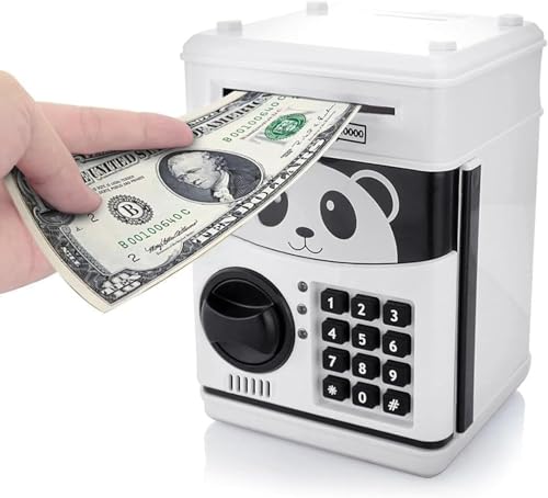 Itian Cartoon Piggy Bank Cash Coin Can avec Mot de Passe, Money Bank Money Safe, Saving Box, ATM Bank Safe Locks Panda Smart Voice, Noir+Blanc
