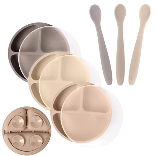 Image of WeeSprout 3 Suction Plates with Lids & 3 Soft-Tip Spoons Bundle - Complete Mealtime Set - Silicone Baby Dinnerware - Divided Toddler Plates - Microwave & Dishwasher Safe