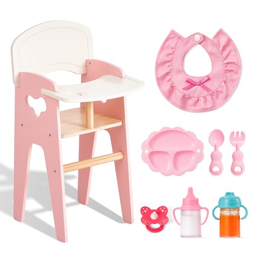 Giant bean Chaise Haute pour poupée en Bois 2 en 1 avec Tabouret – Doll High Chair avec 6 Accessoires de poupée – Rose