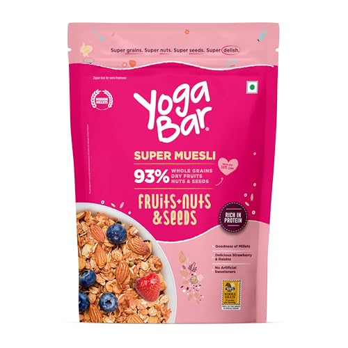Image of Yogabar Muesli Fruit and Nuts - Wholegrain Breakfast Cereals with Oats and Dry Fruits, High in Omega 3, Gluten Free Granola with Chia and Flax Seeds (500g - Pack of 1)