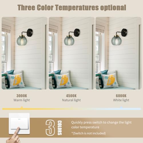 Image of Black Gold Bathroom Light Fixture Green 1-Light Bathroom Vanity Lamp | Mid Century Vanity Light Art Deco Light with 15cm /5.9″‌ Globe Glass Ribbed Lamp Shade for Over Mirror Bedroom Hallway 2 Pack