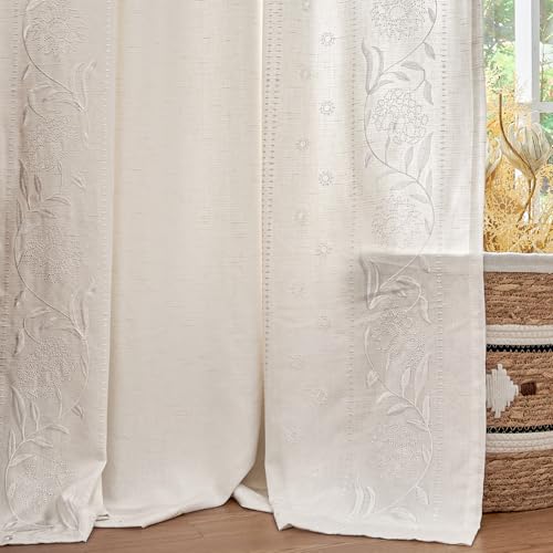 Image of jinchan White Floral Linen Curtains for Living Room 84 inch Back Tab 2 Panels