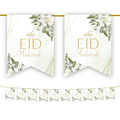 Eid Mubarak Bunting Decorations (White Jasmine Gold & Green Leaves Design) - Happy Eid Mubarak Banner Bunting Flags Hanging Decor for Home Domes Lanterns Moon