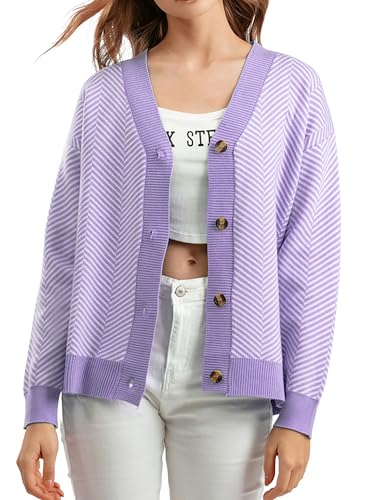 Image of ZAFUL Women's Striped Cardigan Button Up Open Front Knit Oversized Sweater | Button down, Soft chunky knit, Lightweight, Loose fit, Long lantern sleeve, Casual Daily Going Out, Fall Winter Outfits