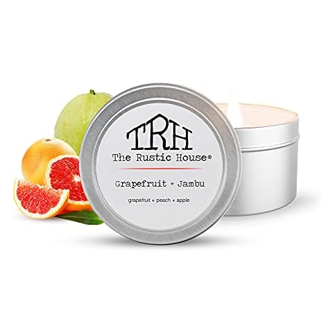 The Rustic House Natural Soy Wax Candle in Metal Travel Tin with Lid | Long Burning Non Toxic Scented Candles | Mini Candles in Recyclable 4oz Tins with Lids, Grapefruit + Jambu Cover