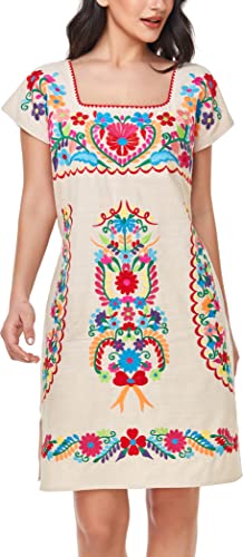 Image of YZXDORWJ Women Mexican Embroidered Dress Ruffle Collar Sleeveless
