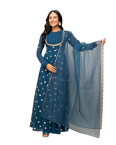 Image of FIORRA Women's Fit and Flare Floor Length Georgette Printed Gown with Dupatta