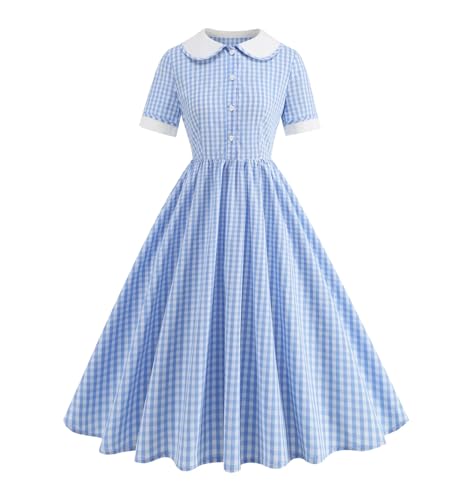 Peter Pan Collar Vintage Cotton Summer Dresses Women Short Sleeve Pleated Rockabilly Dress