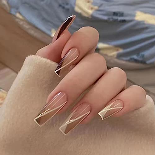 24 Pcs French Tip Press on Nails Long Coffin French Fake Nails Full Cover Acrylic Nails Glossy Glue on Nails Autumn Winter False Nails Line Fake Nails with Design Stick on Nails for Women Girls