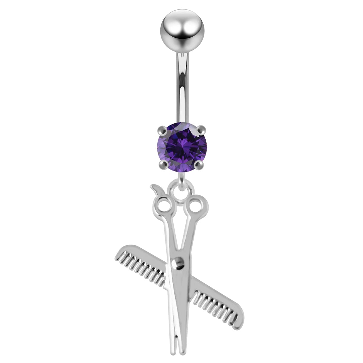 Silver Belly Rings Round CZ Crystal Gemstone with Stylish Plain Scissor and Comb Dangling 925 Sterling Body Jewelry