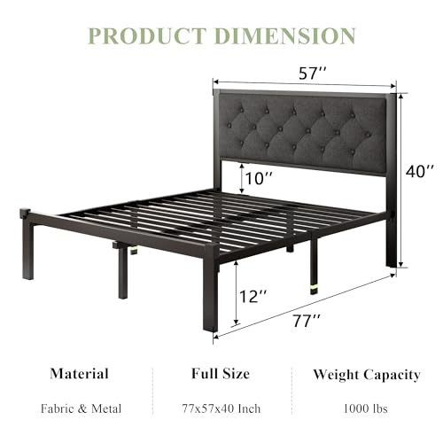 Image of Feonase Full Size Metal Bed Frame, Heavy-Duty Platform Bed Frame with Linen Upholstered Headboard, 12 inch Storage Space, Steel Slats Support, No Box Spring Needed, Gray