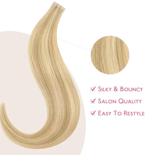 Image of WENNALIFE Tape in Hair Extensions Human Hair Light Blonde Highlighted Golden Blonde Tape in Extensions, 10pcs 20g 12 inch Remy Invisible Tape Ins Straight Soft Real Human Hair Tape in Extensions