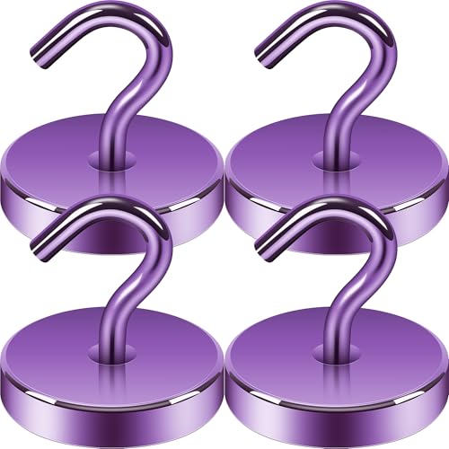 Neosmuk Ganchos magnéticos extra fuertes 77 kg – Ganchos magnéticos morados con neodimio para camping, taller, taquilla y perchero, accesorios al aire libre y cruceros, paquete de 4 unidades