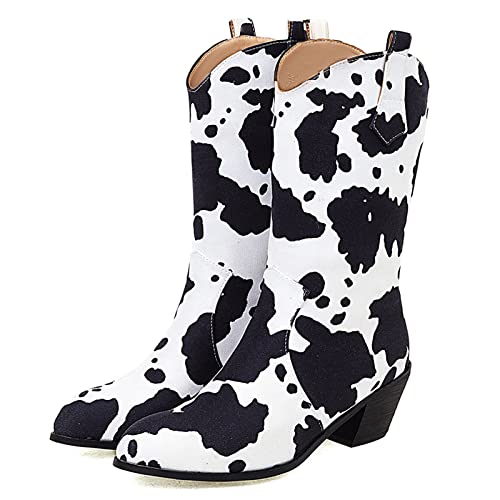 Image of Cozivwaiy Women Mid Calf Cowboy Boots Chunky Heel Half Boot Cow Print Western Boots Plus size (US 4-12.5)