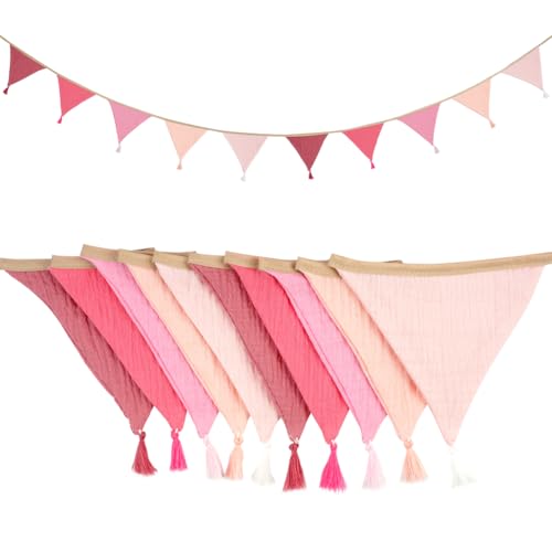 Alaoo Banderines, Guirnalda de Banderines de Tela 2.6 Metros con 10 Banderas, Triangulares Impermeables Incluye Borlas y Cadena, banderines Reutilizables para Bodas Fiestas Guirnalda,Rosa